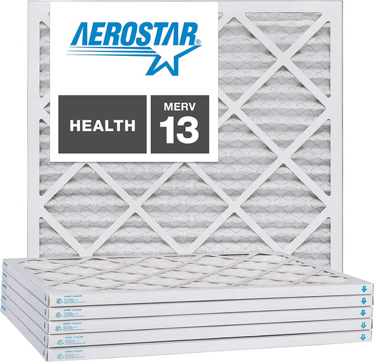 Aerostar 25x25x1 MERV 13, Pleated Air Filter, 24 1/2" x 24 1/2" x 3/4", Box of 6, Made in the USA