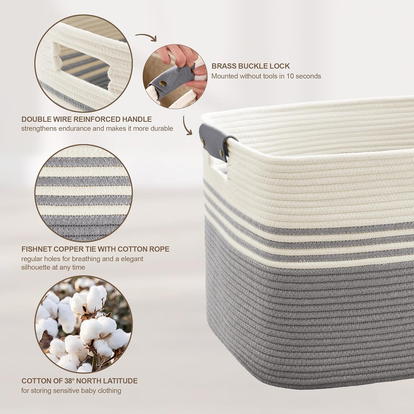 45L Small Laundry Basket with Leather Handles for Living Room Storage, Woven Rope Baskets Bin for Blanket, Kids Toy, Gifts, Wicker Hamper for Bedroom Dirty Clothes, 18"x14"x11" White Grey