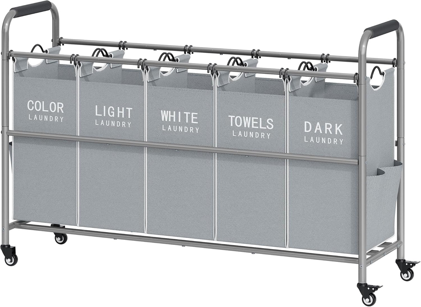 Tajsoon 5 Bag Laundry Sorter Cart, Laundry Hamper Sorter Basket with Heavy Duty Lockable Rolling Wheels for Clothes Storage, Grey & White
