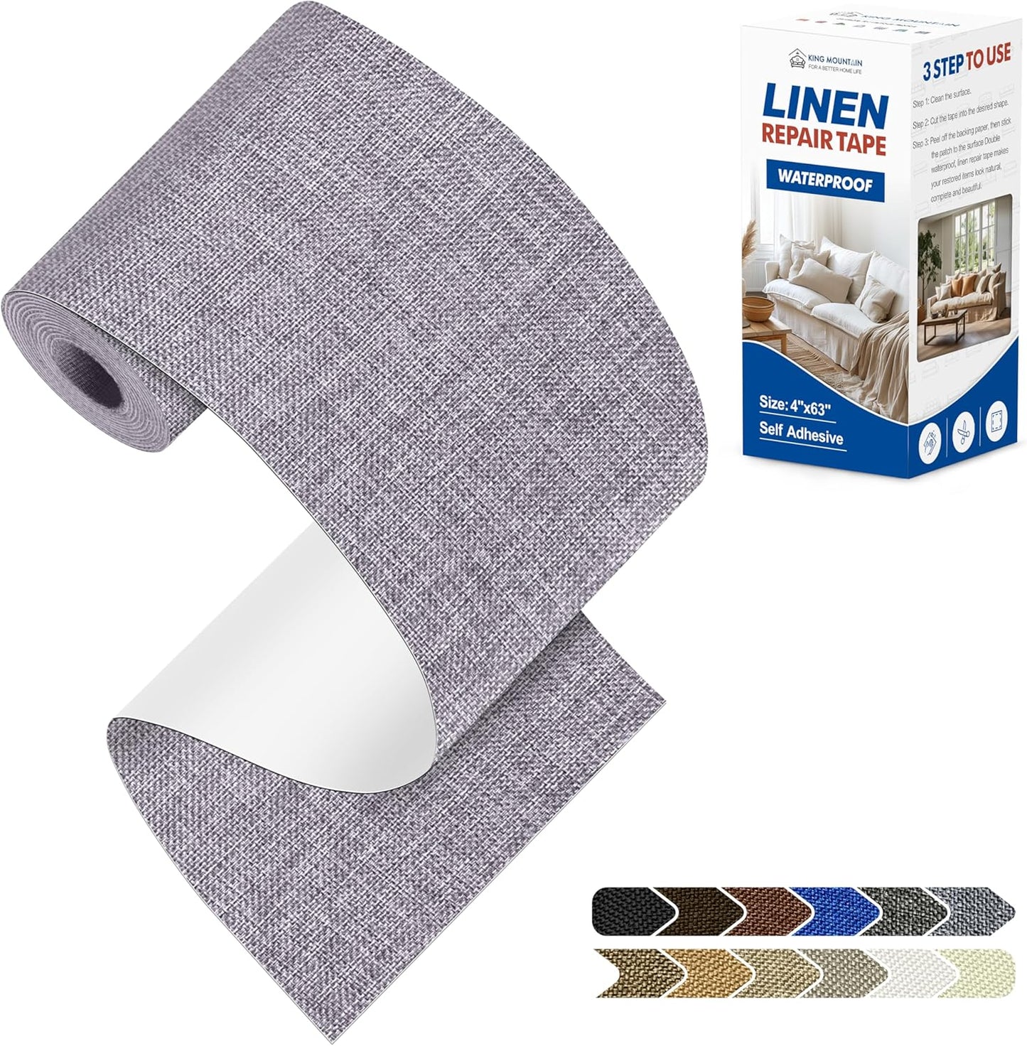KING MOUNTAIN Linen Repair Patches, Self-Adhesive Linen Fabric Patches, 4 X 63 inch Extra Size, Multi Color, Can be Used for Linen Sofa Repair and Linen Clothes Repair (Light Grey)