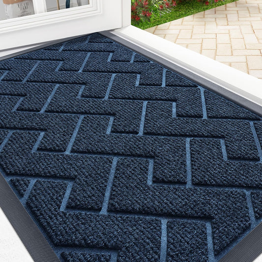 OLANLY Front Door Mat Indoor Outdoor Entrance, Waterproof All-Season, All-Weather Doormat, Sturdy Natural Rubber, Low Profile, Easy Clean Patio Porch Entryway Mat, Herringbone Brick (Blue, 36x24)