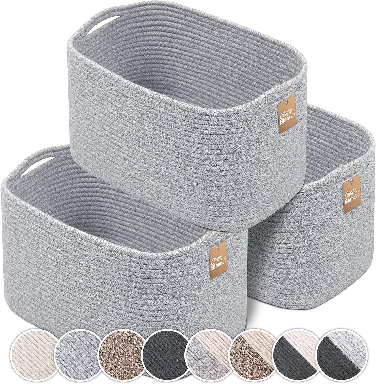 CHAT BLANC Cotton Rope Baskets for Organizing | Storage Baskets for Shelves | Rope Basket for Storage, Small Laundry Baskets, Woven Baskets for Storage, Dog Toy Bin, Baby Basket, Gray 3 Pack