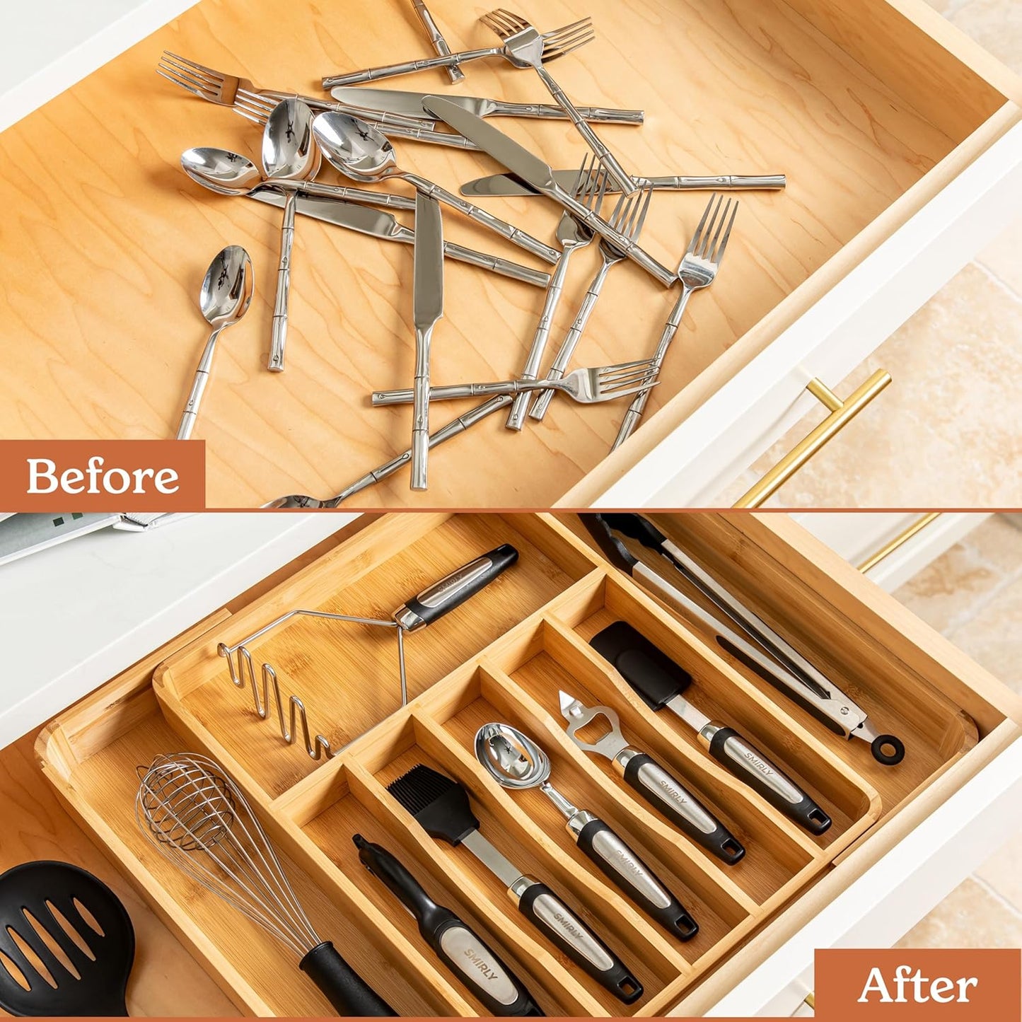 SMIRLY Silverware Drawer Organizer – Bamboo Kitchen Drawer Organizer, Adjustable Utensil Holder and Cutlery Tray, Drawer Dividers for Flatware and Kitchen Utensils