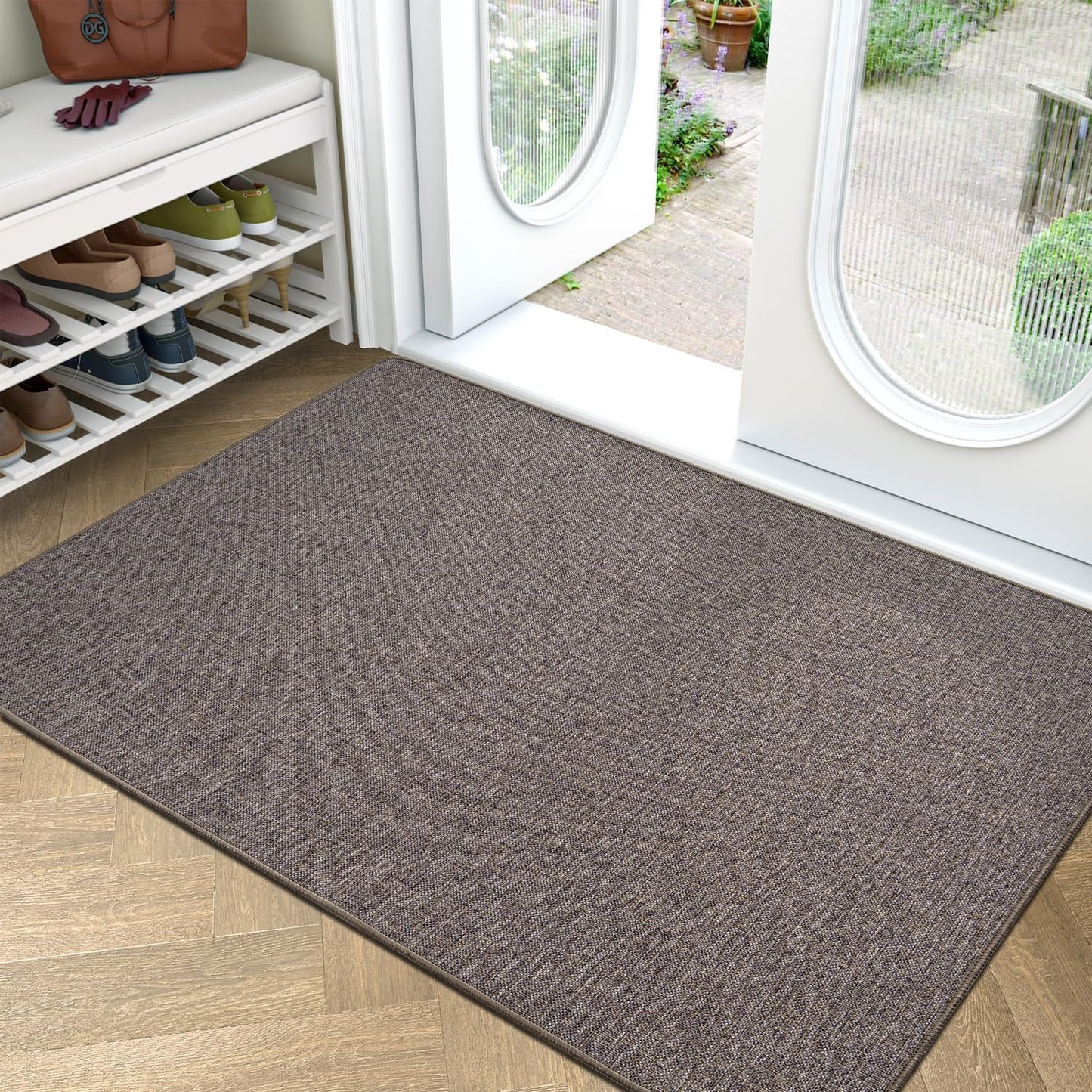 LUMI Large Indoor Door Mat, 36"x56" Non Slip Rubber Backing Entrance, Easy Clean Low Profile Ultra Thin Entryway for Inside House, Brown