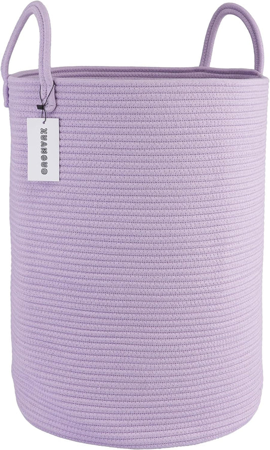 Cotton Rope Laundry Basket Hamper for Clothes Woven Storage Basket for Living Room Bedroom Boho Tall Rope Baskets for Blanket Toys Pillow Towels Baby Nursery Hamper Bin Large purple