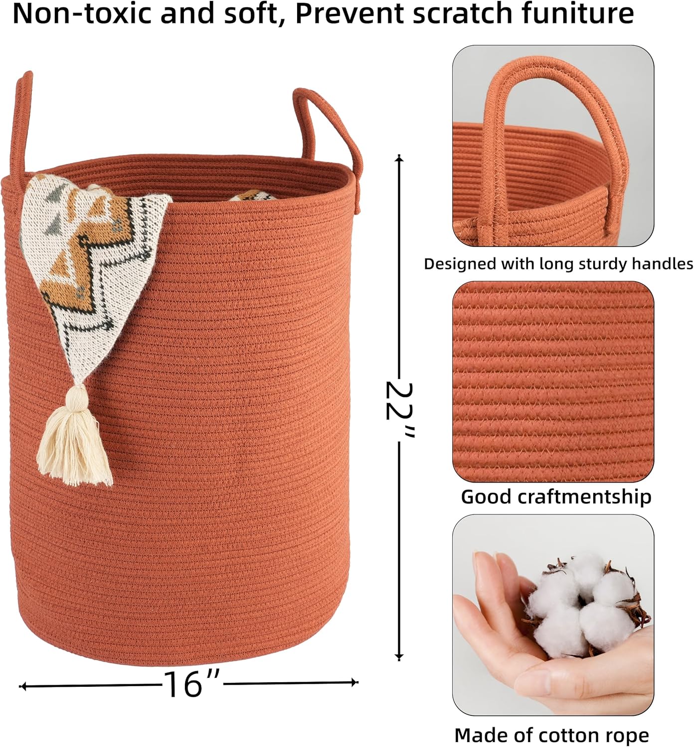 Cotton Rope Laundry Basket Hamper for Clothes Woven Storage Basket for Living Room Bedroom Boho Tall Rope Baskets for Blanket Toys Pillow Towels Baby Nursery Hamper Bin Large rustic