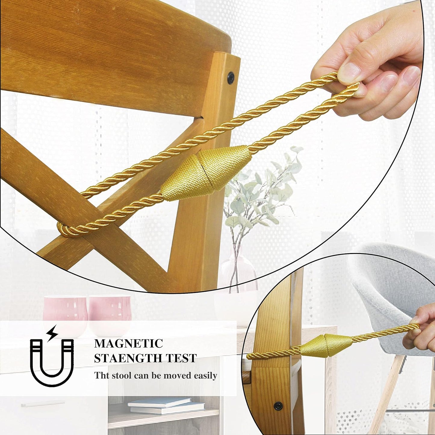 6 Pack Magnetic Curtain Tiebacks Rope Modern Handmade Curtain Tie Backs Decorative Drapes Weave Holdbacks for Window Décor, Gold