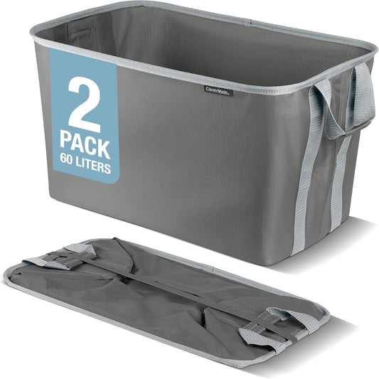 CleverMade Collapsible Laundry Basket Hamper - Shadow Stone Gray 2-Pack 60L - Space Saving Storage Organizer with Handles Foldable Home Organization