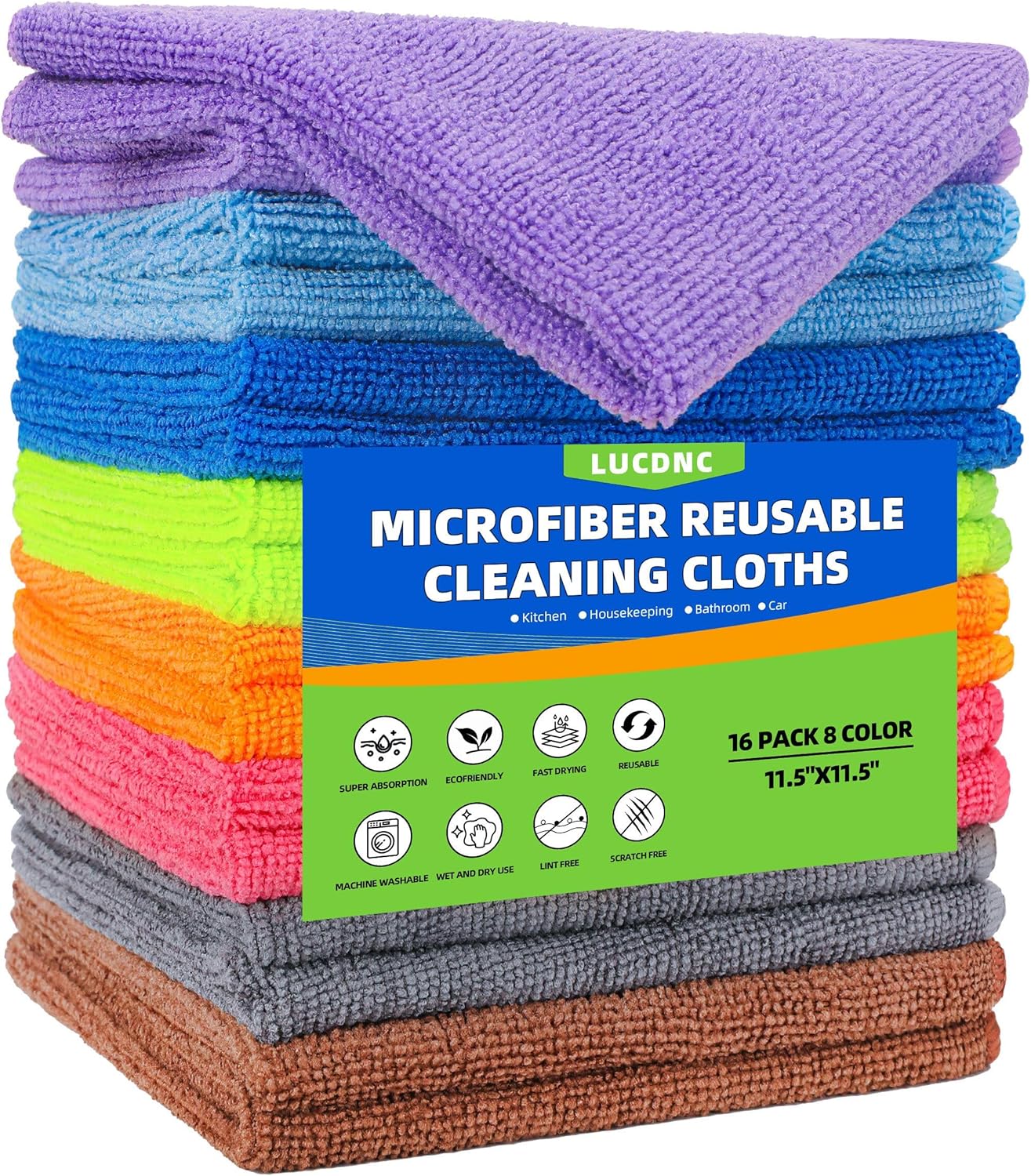 Microfiber Cleaning Cloths 16 Pack 8 Color Cleaning Rags for Housekeeping Home Kitchen Bathroom Car,11.5"X11.5" Soft Lint Free Wet and Dry Use Dusting Cleaning Supplies Towels