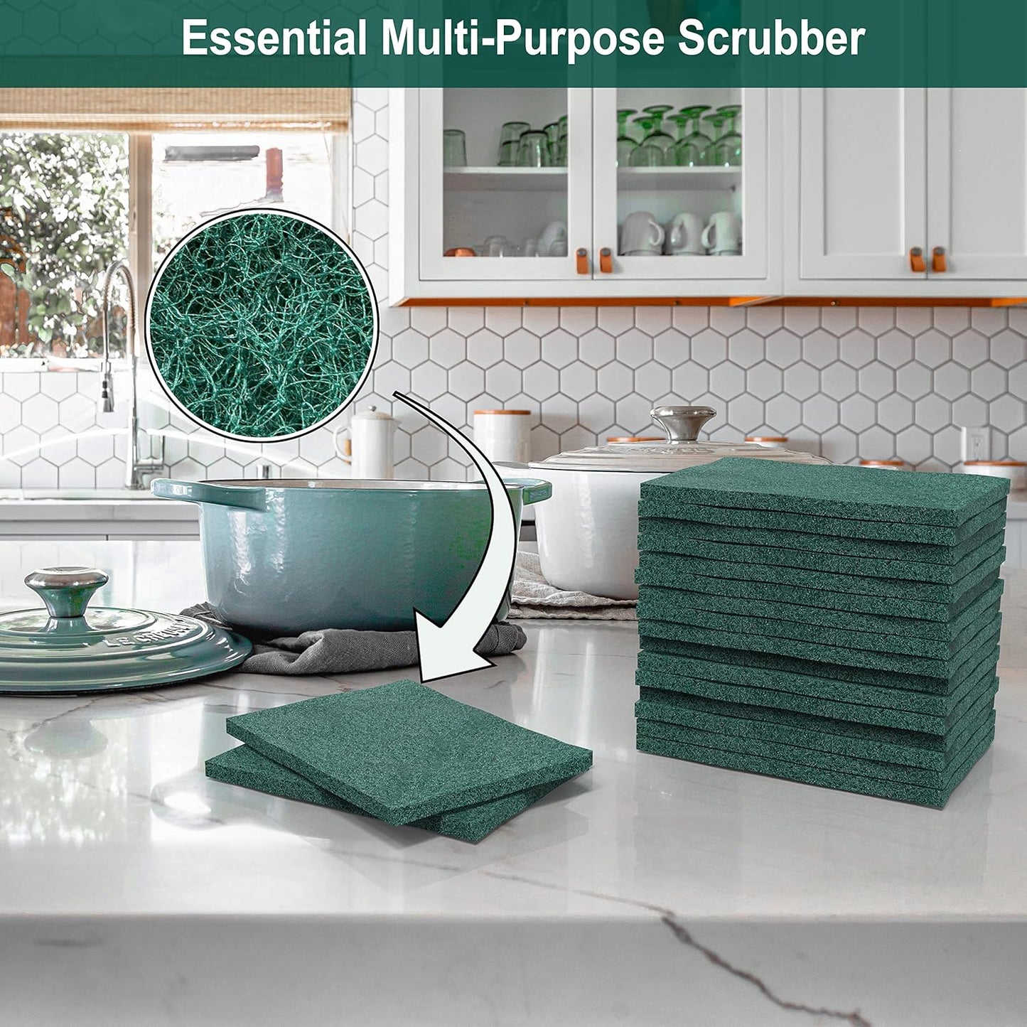 100 Pack Green Scouring Pads 3x4 Inch – Heavy Duty, Non Scratch Scrub Pads Bulk for Kitchen, Dishes, Pots, Pans, Grill & Household Cleaning – Reusable Multipurpose Scrubber Pads