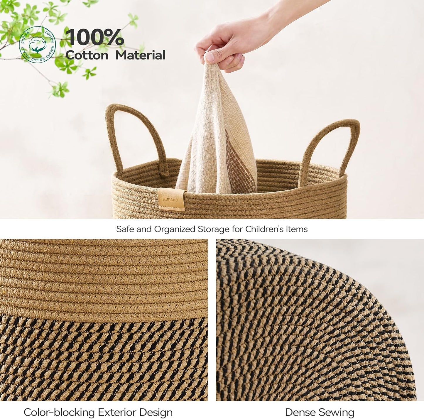Laundry Hamper 95L,Large Laundry Basket for Clothes,Decorative Storage Basket for Blankets,Cotton Rope Woven basket for bedroom,Dark Brown