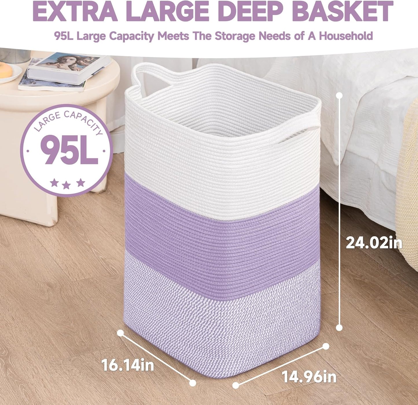 CLHMILY&Z 95L Laundry Basket Rectangular Lavender Rope - 16x15x24 Inches - Dirty Clothes and Soft Storage Bin for Blankets, Toys, and Nursery Essentials