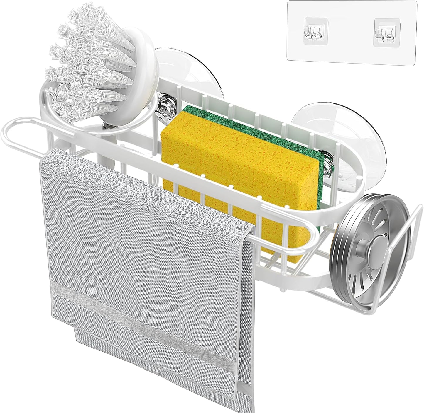 Cisily Kitchen Sink Caddy Sponge Holder in The Sink, Stainless Steel Kitchen Sink Organizer, Brush Holder, Dish Cloth Hanger, Sink Stopper Holder with 2 Installation Ways (Suction & Adhesives, Silver