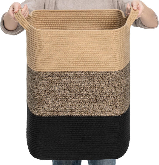 CLHMILY&Z 75L Laundry Basket Rectangular Black Jute Rope - 16x13x22 Inches - Dirty Clothes and Soft Storage Bin for Blankets, Toys, and Nursery Essentials
