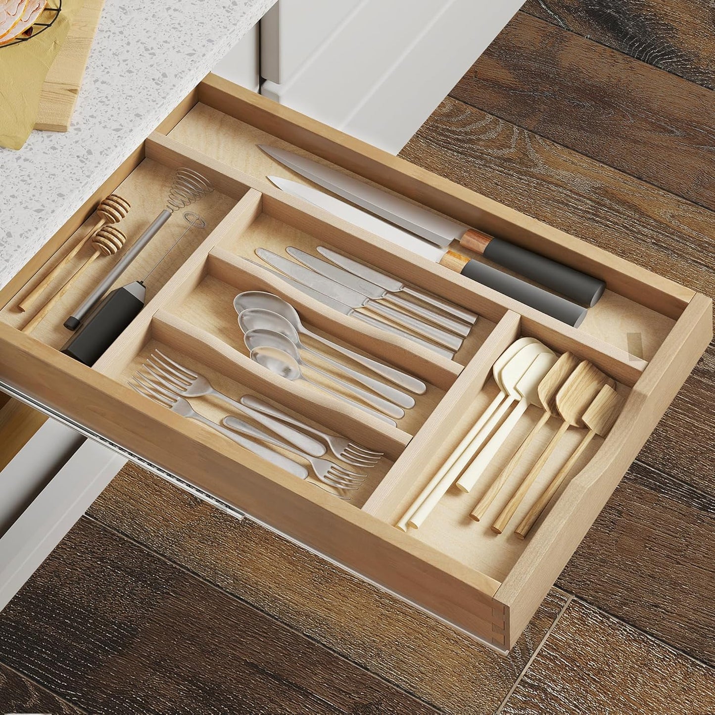 WelFurGeer Premium Wooden Silverware Organizer for Kitchen Drawers, Utensil Tray for Kitchen Drawer, Cutlery Drawer Organizer for Forks, Spoons, Knives - Sturdy Birchwood, Natural Finish