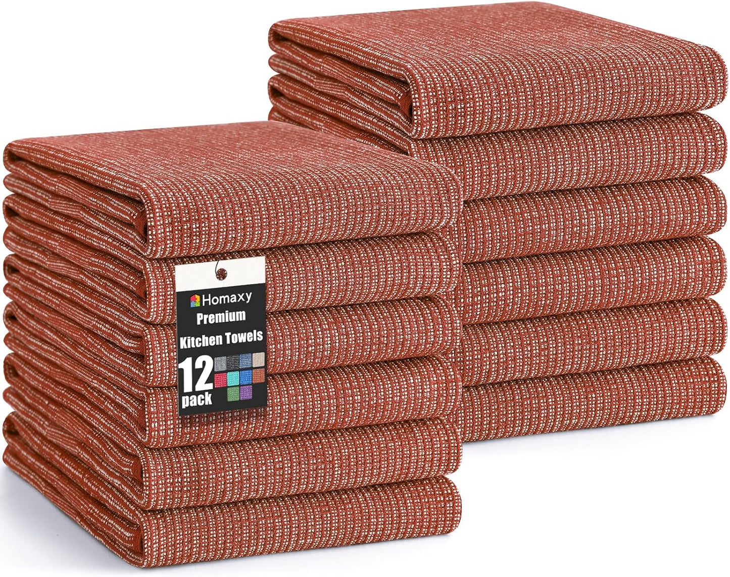 Homaxy Premium Kitchen Towels(18”x 28”, 12 Pack), Large Cotton Kitchen Hand Towels, Flat and Terry Dish Towels, 380 GSM Highly Absorbent Tea Towel Set with Hanging Loop, Rust