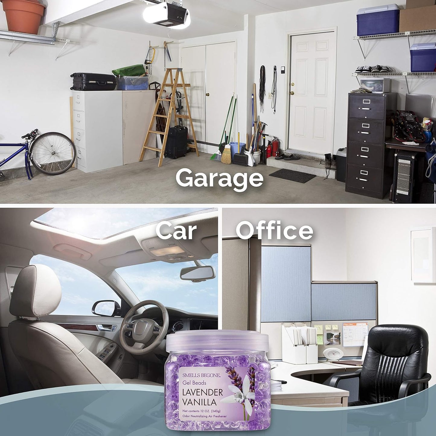 SMELLS BEGONE Odor Eliminator Gel Beads - 12 oz, Pack of 6 - Eliminates Odor in Bathrooms, Cars, Boats, RVs & Pet Areas - Air Freshener - Made with Essential Oils - Lavender Vanilla Scent