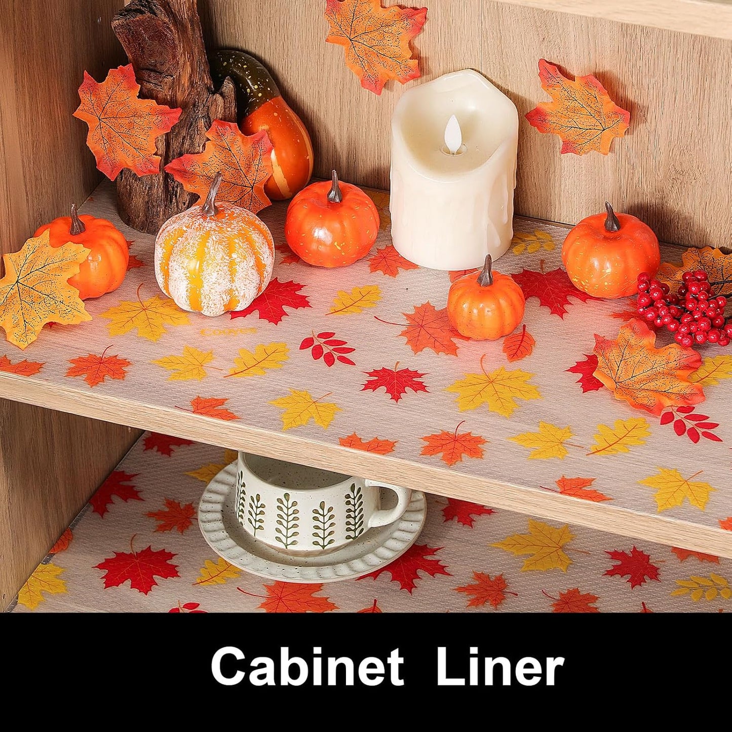 Cooyes Fall Maple Leaf Shelf Liner, Non-Adhesive Waterproof Drawer Liner, Easy-to-Cut EVA Shelf Paper for Kitchen Cabinets, Refrigerator, Cupboard, and Dresser, Fall Kitchen Decor (Pumpkin Orange)