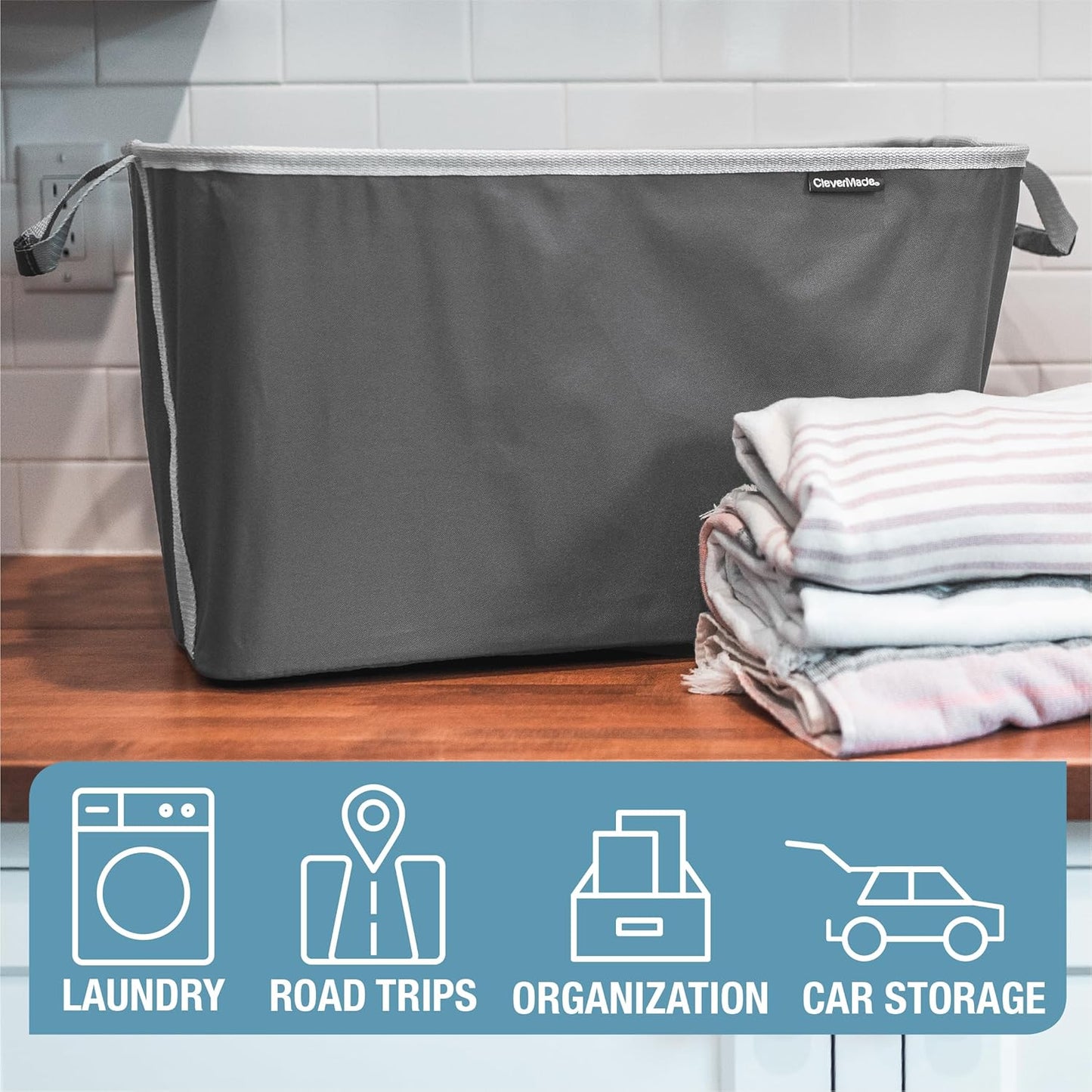 CleverMade Collapsible Laundry Basket Hamper - Shadow Stone Gray 2-Pack 60L - Space Saving Storage Organizer with Handles Foldable Home Organization