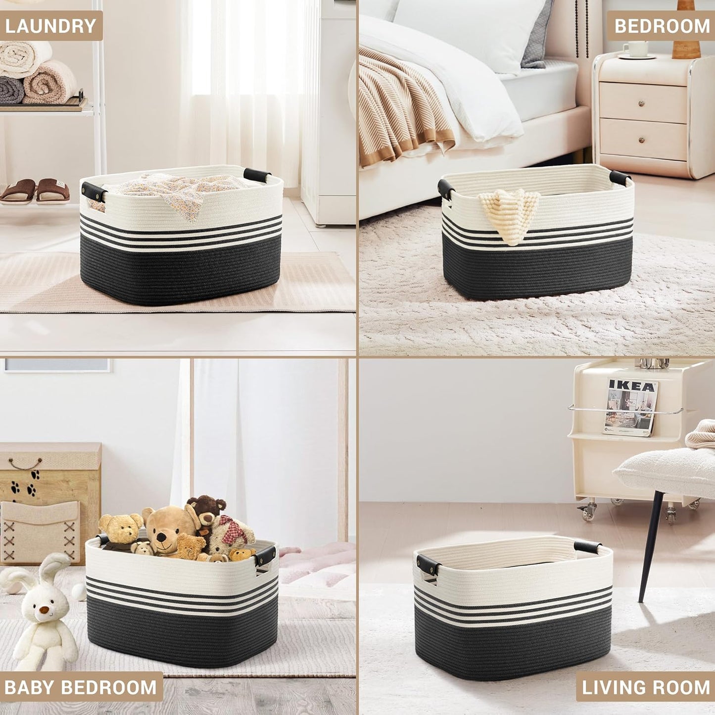 60L Large Laundry Basket with Leather Handles for Living Room Storage, Woven Rope Baskets Bin for Blanket, Kids Toy, Gifts, Wicker Hamper for Bedroom Dirty Clothes, 21"x15"x11" White Black