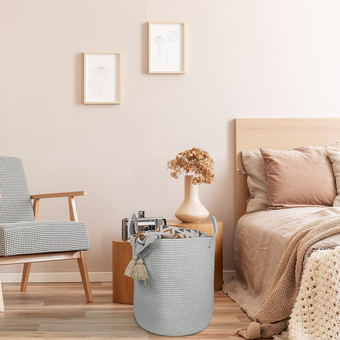 Cotton Rope Laundry Basket Hamper for Clothes Woven Storage Basket for Living Room Bedroom Boho Tall Rope Baskets for Blanket Toys Pillow Towels Baby Nursery Hamper Bin Large light grey