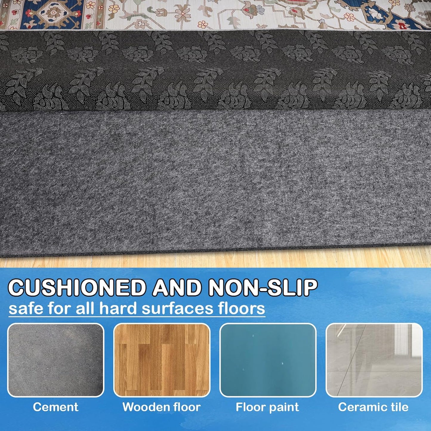 Non-Slip Rug Pads 1/4” Thick, 2x6Ft Waterproof Rugs Non Skid Rug Pad for All Floors and Finishes Durable Hardwood Floor Protective Felt Keeps Rugs in Place, Safe and Secure