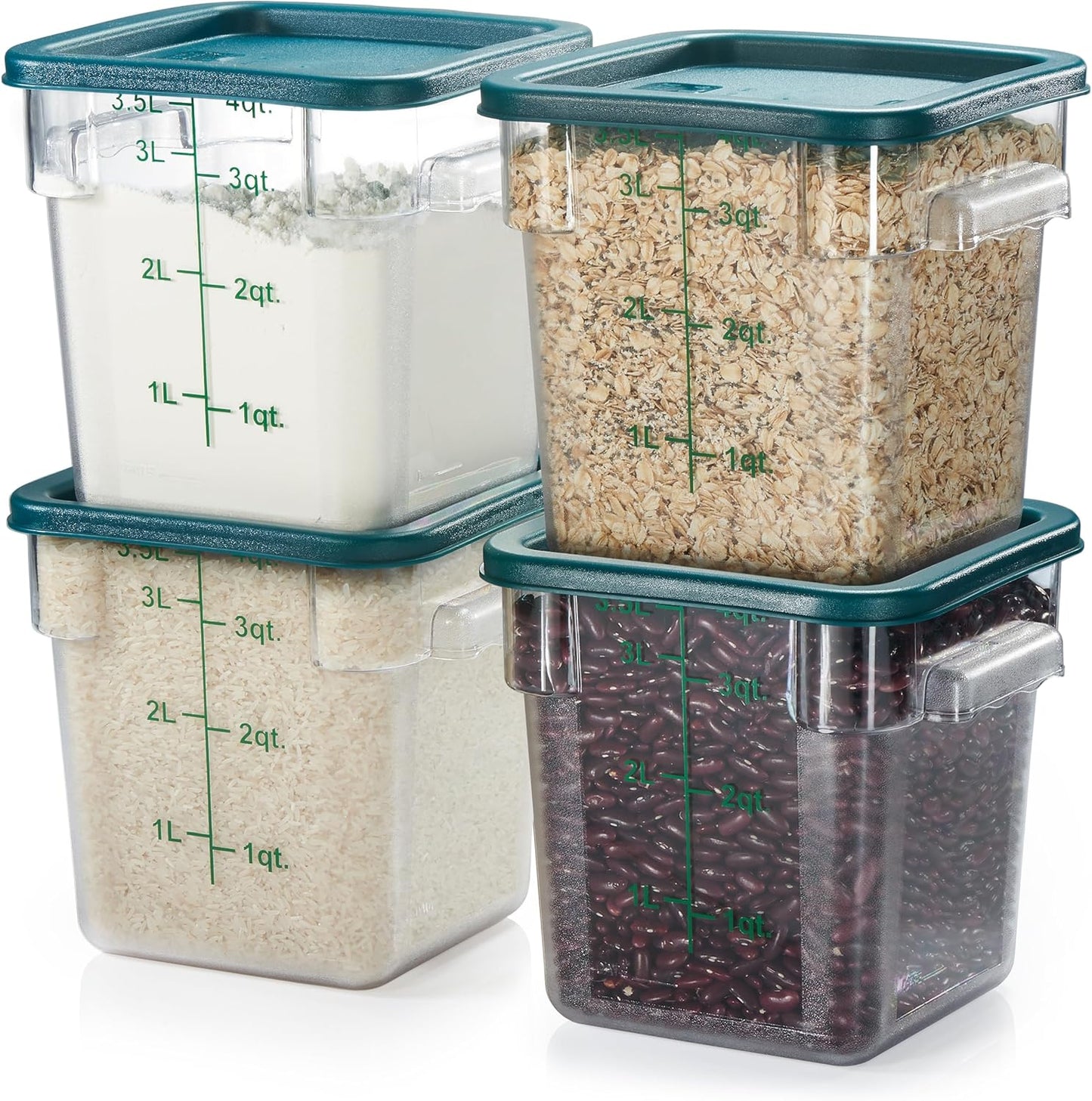 CURTA 4 Pack Food Storage Container with Green Lid - NSF Commercial Grade in 4.0 Qt - Square, Clear, Polycarbonate