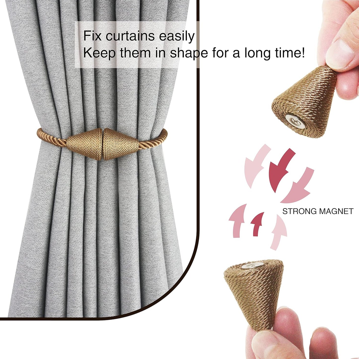 4 Pack Magnetic Curtain Tiebacks Rope Modern Handmade Curtain Tie Backs Decorative Drapes Weave Holdbacks for Window Décor, Khaki