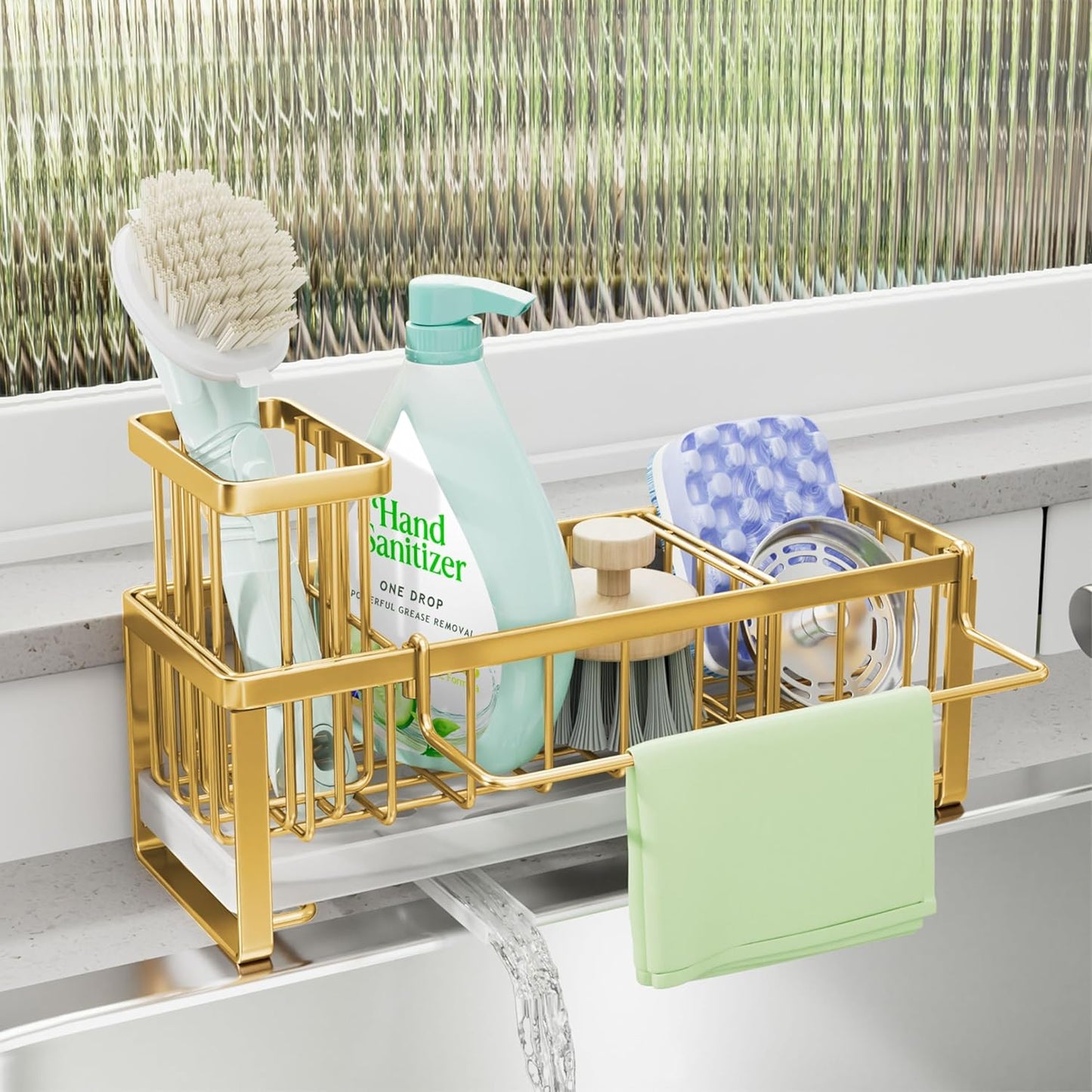 SWTYMIKI Sponge Holder for Kitchen Sink - Sink Caddy with Brush Holder Self-draining Sponge Caddy Organizer with Divider Stainless Steel Kitchen Accessories Storage for Countertop, Gold