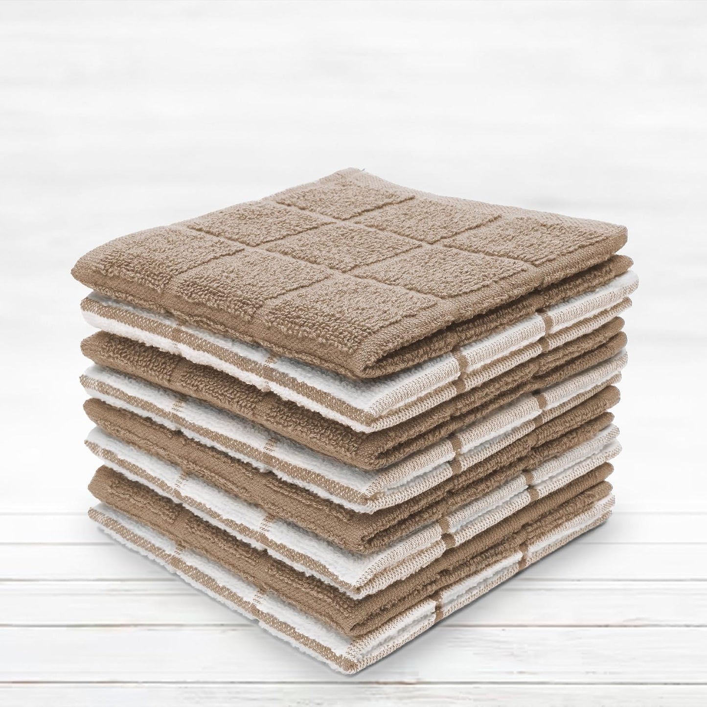 100% Cotton Terry Dish Cloth & Dish Towel, 6 Pack, Super Soft and Absorbent Kitchen Towels, Perfect for Kitchen Cleaning and Dish Washing (TAN (Solid and Checks) 8 Pack)