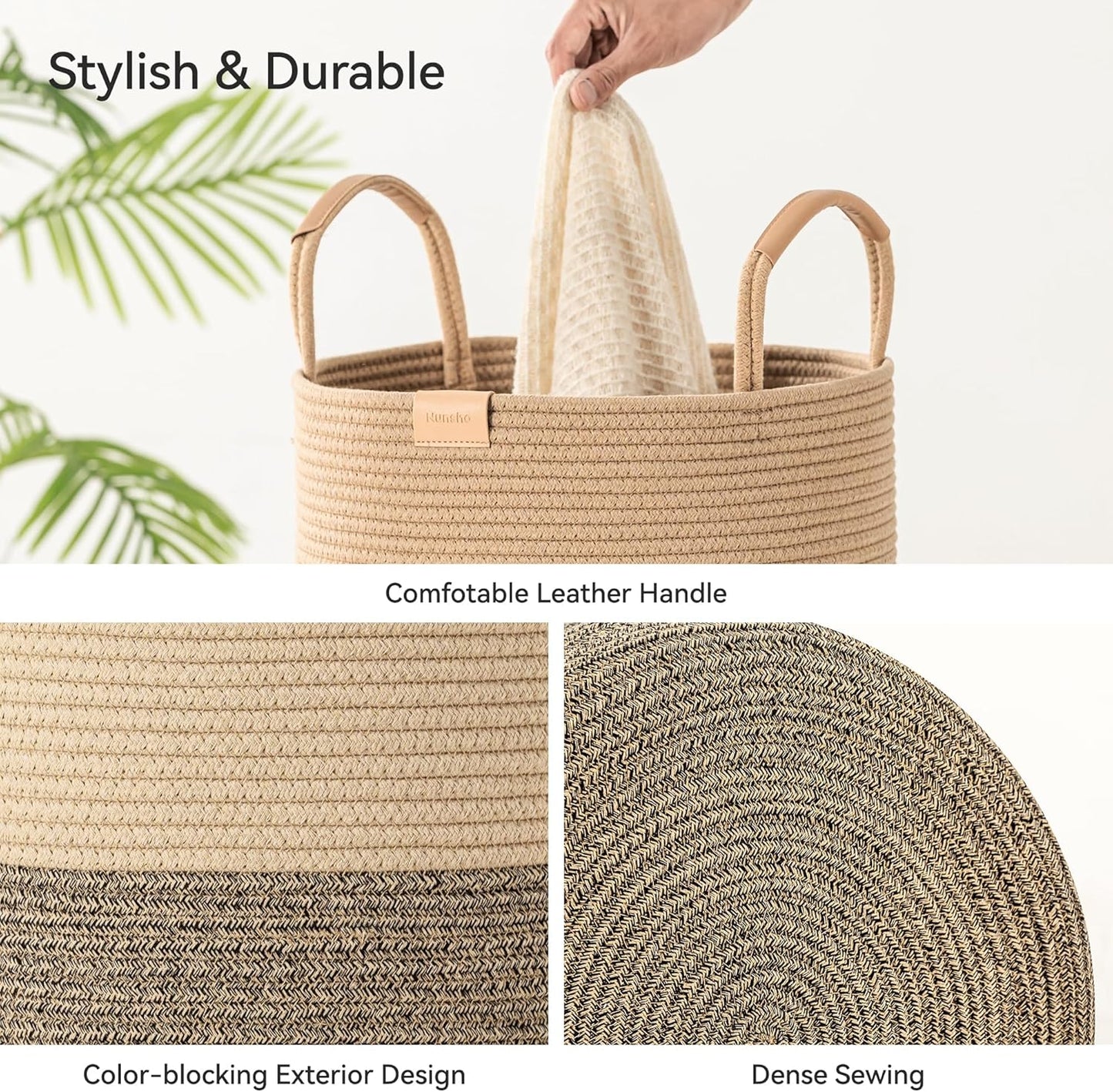 95L Striped Laundry Hamper with Leather Handles,Large Foldable Laundry Basket for Clothes,Cotton Rope Storage Bin for Blankets,Woven Clothes Basket for Bedroom,Dark Brown Stripes