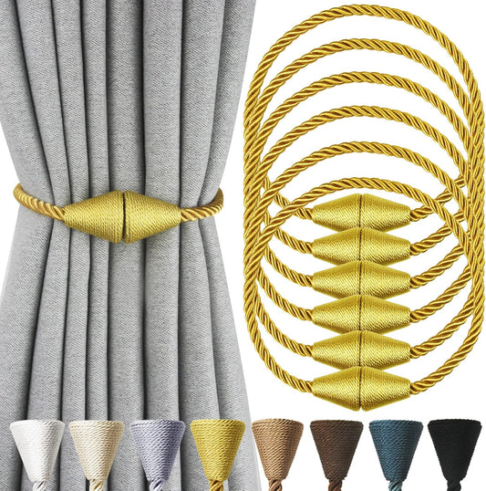 6 Pack Magnetic Curtain Tiebacks Rope Modern Handmade Curtain Tie Backs Decorative Drapes Weave Holdbacks for Window Décor, Gold
