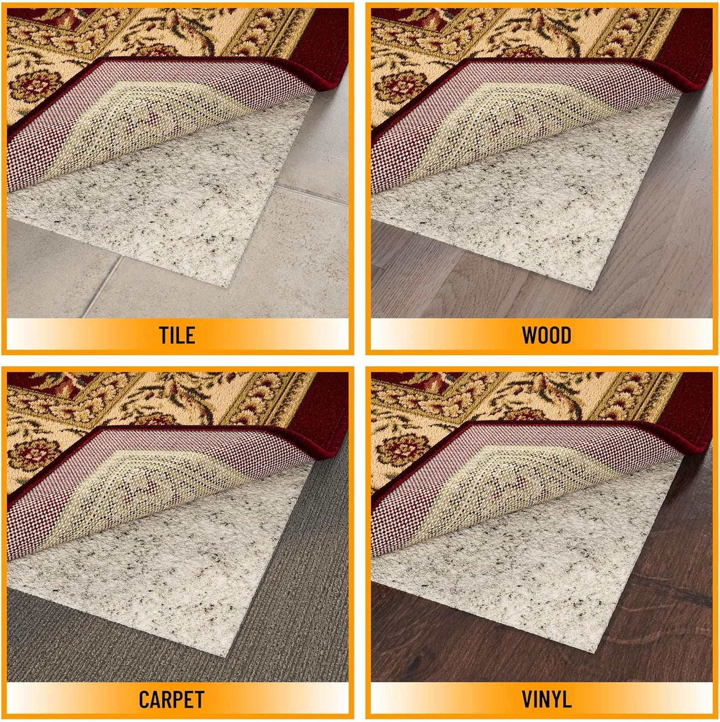 Ottomanson 7'8" x 8' Non-Slip Rug Pad Gripper 1/12 Inch Ultra Thin Dual Surface Felt + Rubber Gripper - Safe for All Floors, Cream