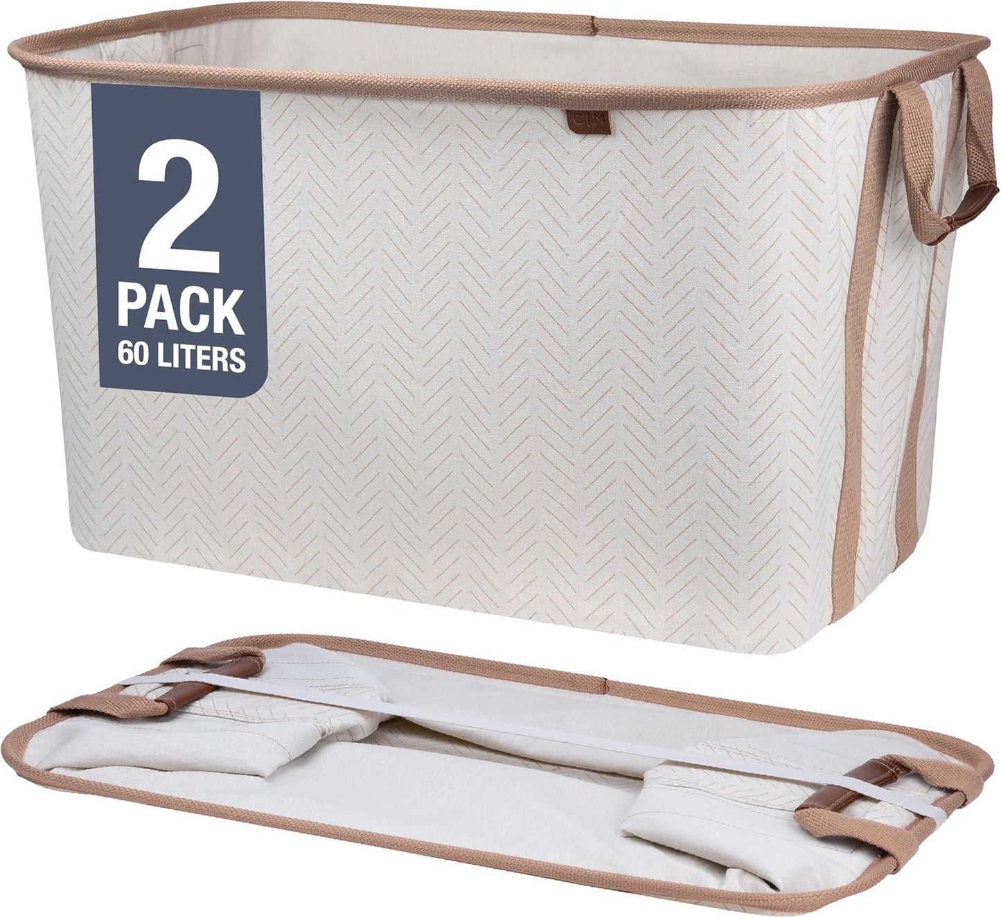 CleverMade Collapsible Laundry Basket Hamper - LUXE Cream Herringbone 2Pack 60L -SpaceSaving Storage Organizer with Handles Foldable Home Organization
