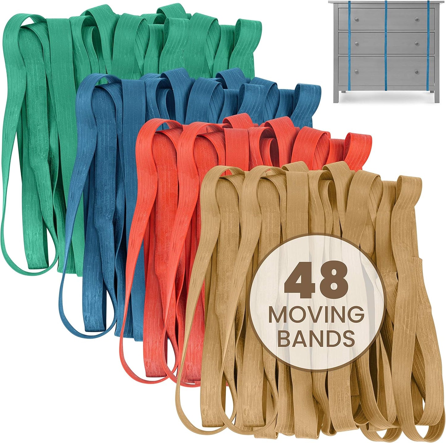 kitchentoolz 48 Pack Mover Bands – Extra Large Rubber Bands for Furniture & Moving Blankets – Heavy-Duty Stretch Bands in 4 Sizes (25", 30", 36", 42") – Secure Drawers, Doors & Covers During Moving & Storage