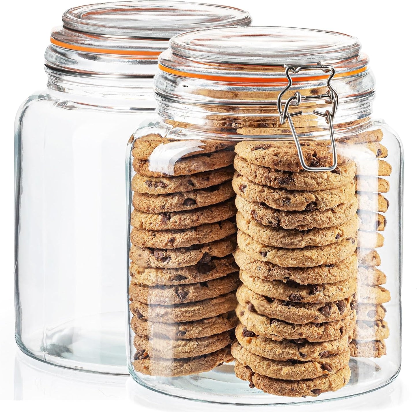 kitchentoolz Half Gallon Glass Large Mason Jars with Airtight Lid - 64oz Wide Mouth Flour & Sugar Container. Also for Sourdough, Pasta, Pickles, Cookies- Flip Top Hinged Closure - 2 Pack