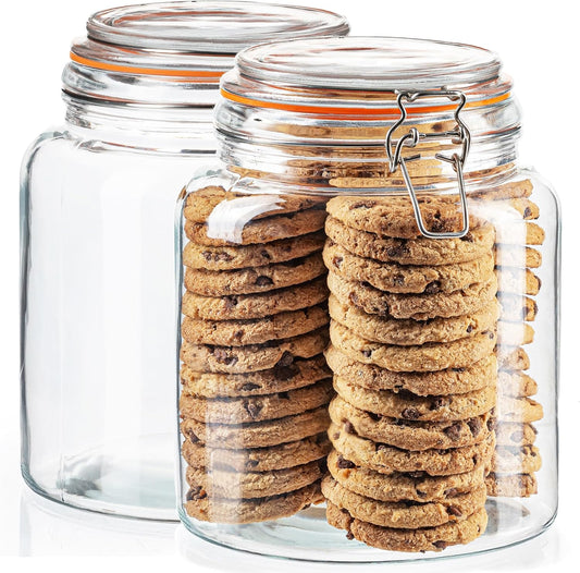 kitchentoolz Half Gallon Glass Large Mason Jars with Airtight Lid - 64oz Wide Mouth Flour & Sugar Container. Also for Sourdough, Pasta, Pickles, Cookies- Flip Top Hinged Closure - 2 Pack
