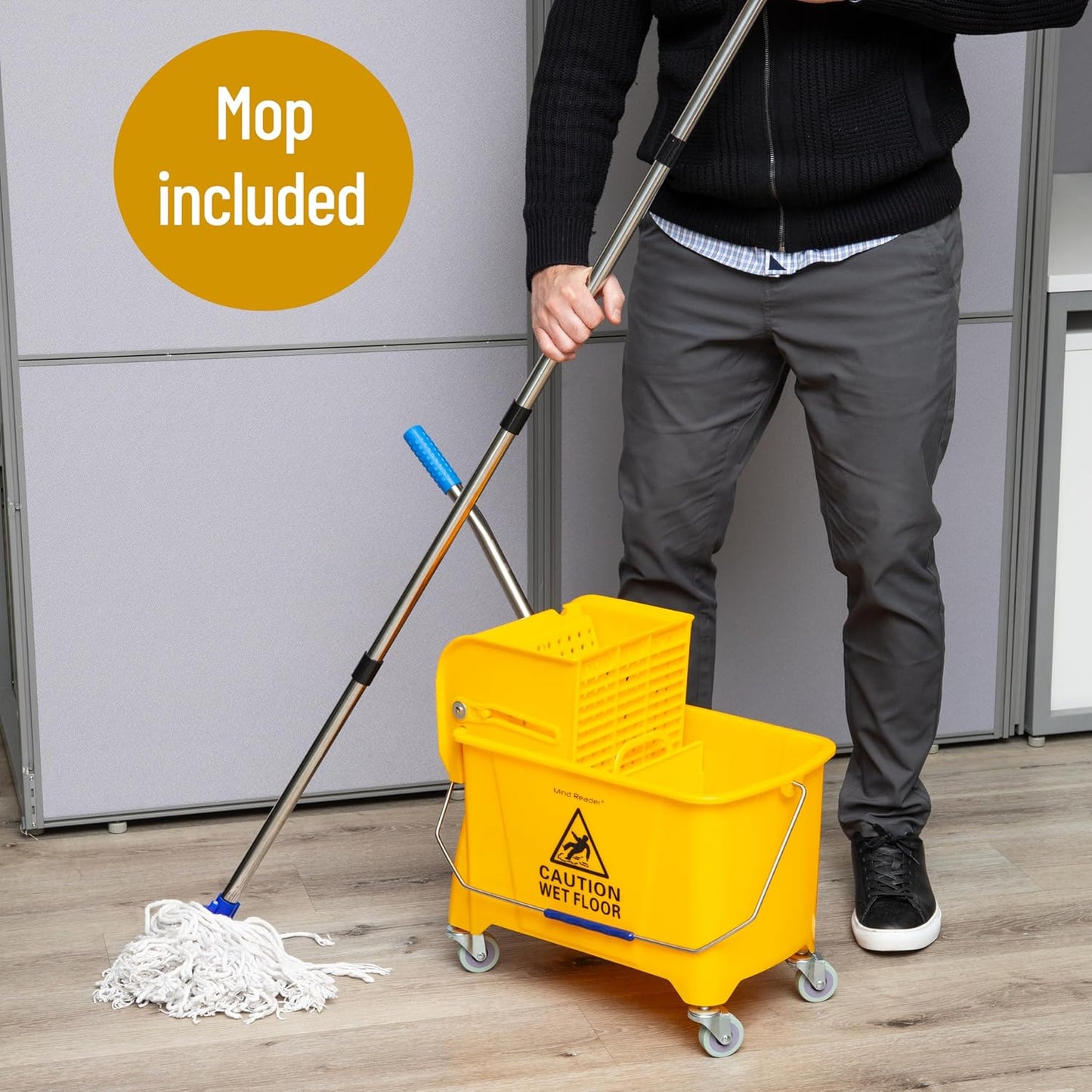 Mind Reader Bucket with Wringer and Mop Set, 22 Qt (5.5 Gallon), Floor Cleaning, Wheels, 16.25" L x 10.75" W x 24.5" H, Yellow