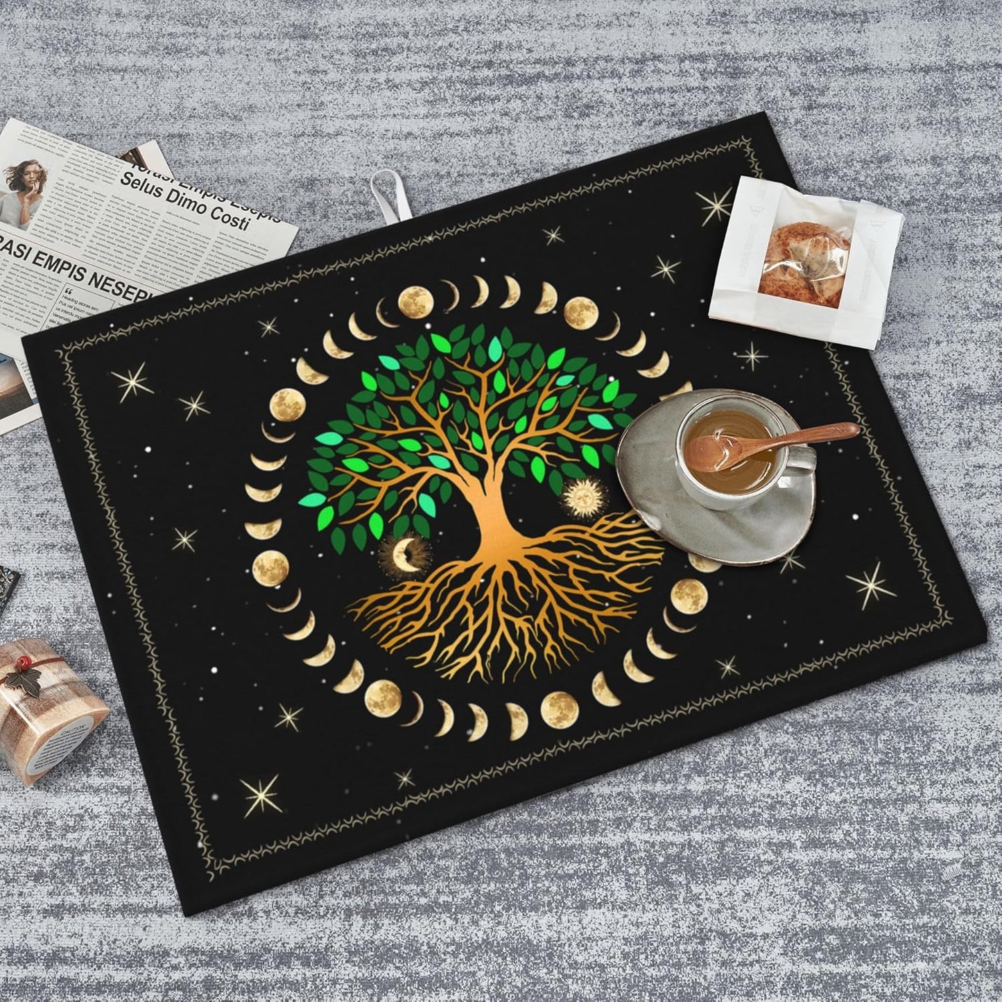 Black Microfiber Dish Drying Mat for Kitchen Counter 18"x24" Ancient Life Tree Decorative Dishes Pad Dish Drainer Rack Mats Absorbent Washable Reusable Moon Luna Hippy Decor