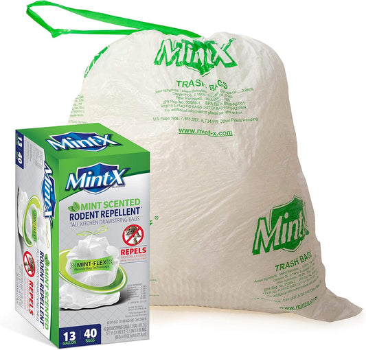 Mint-X MintFlex Rodent Repellent Trash Bags, Tall Kitchen Drawstring Bags, 1 FT 11 ¾ Inches X 2 FT 1 Inch, 0.90 MIL, 13 Gallon, 40 Count