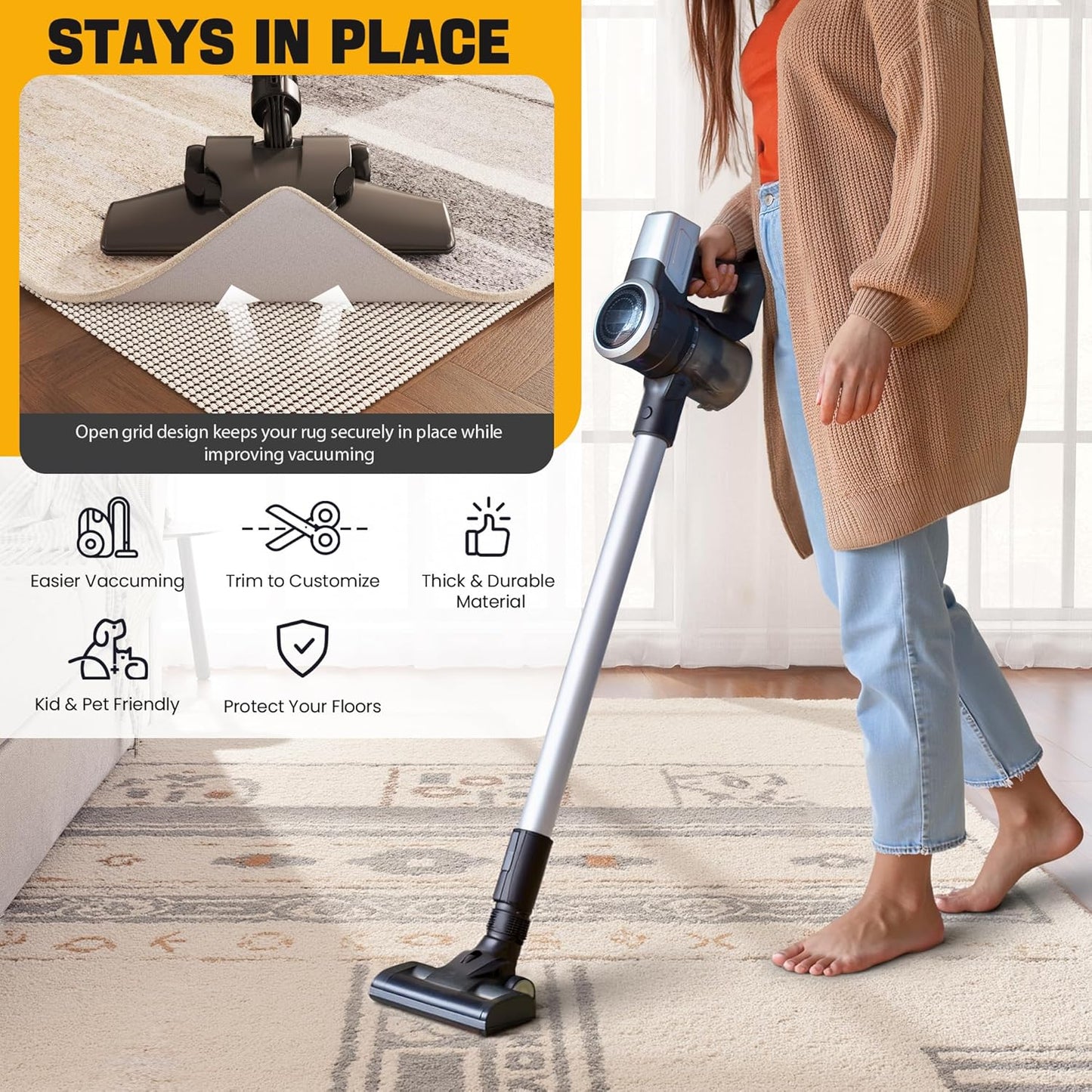 Non-Slip Rug Pad Gripper 2.5x12 Feet, Anti Skid Mat for Under Area Rugs, Keeps Rugs in Position and Safe, Thick Cushioned Carpet Pad for Hardwood Floors Protection