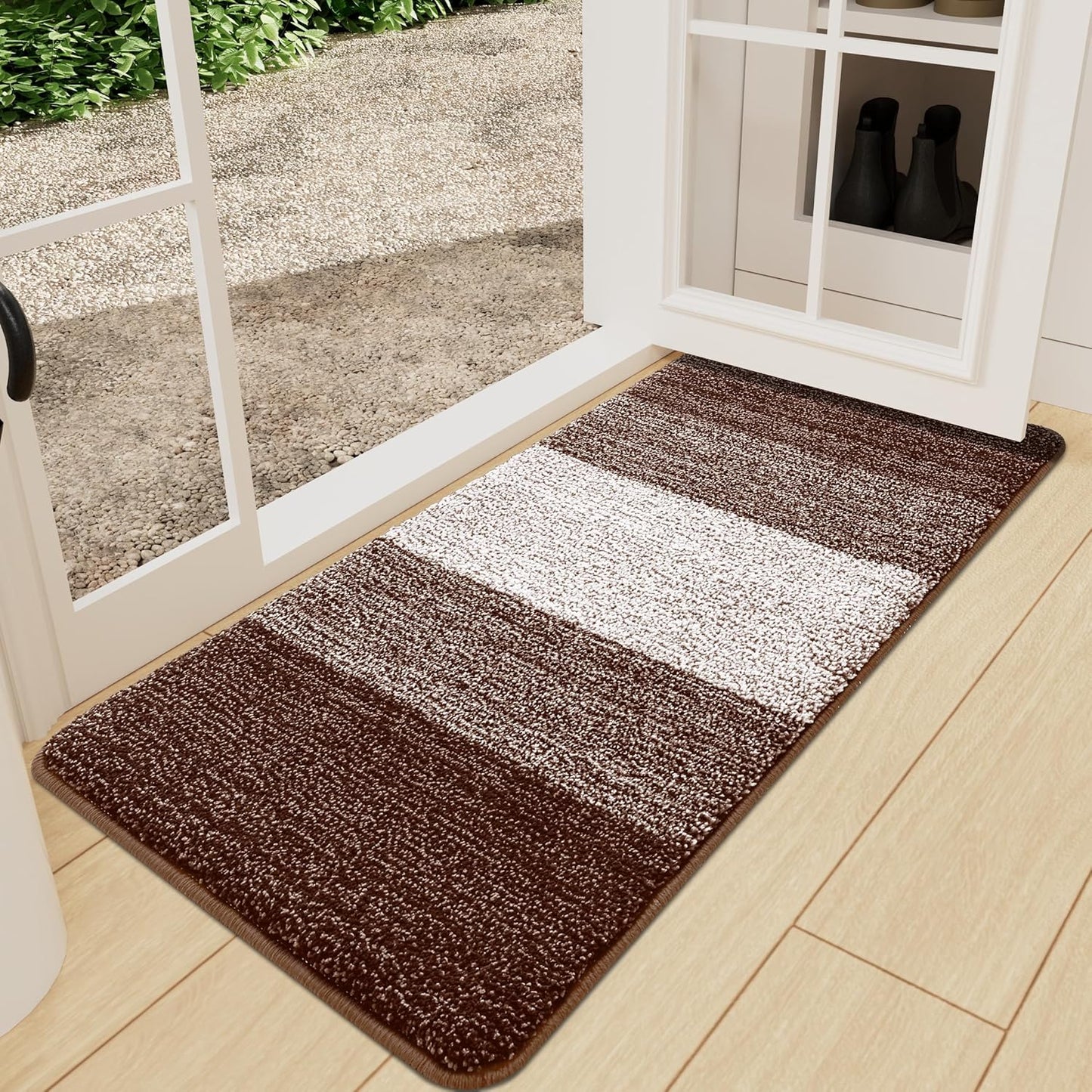 Kitinjoy Indoor Outdoor Door Mat, 59x24 Non-Slip Absorbent Dirt Trapper, Low-Profile Washable Inside Entrance Front Floor Mat, Sturdy Soft Entry Doormats for Entryway, Brown
