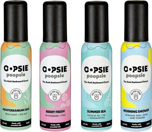 Oopsie Poopsie Pre Poop Spray - 4 Pack Natural Pre Poo Toilet Spray for Bathrooms, Trap Odors & Eliminate Embarrassment, 2oz Travel Size Pre Poo Air Freshener Spray (Variety 4-Pack)