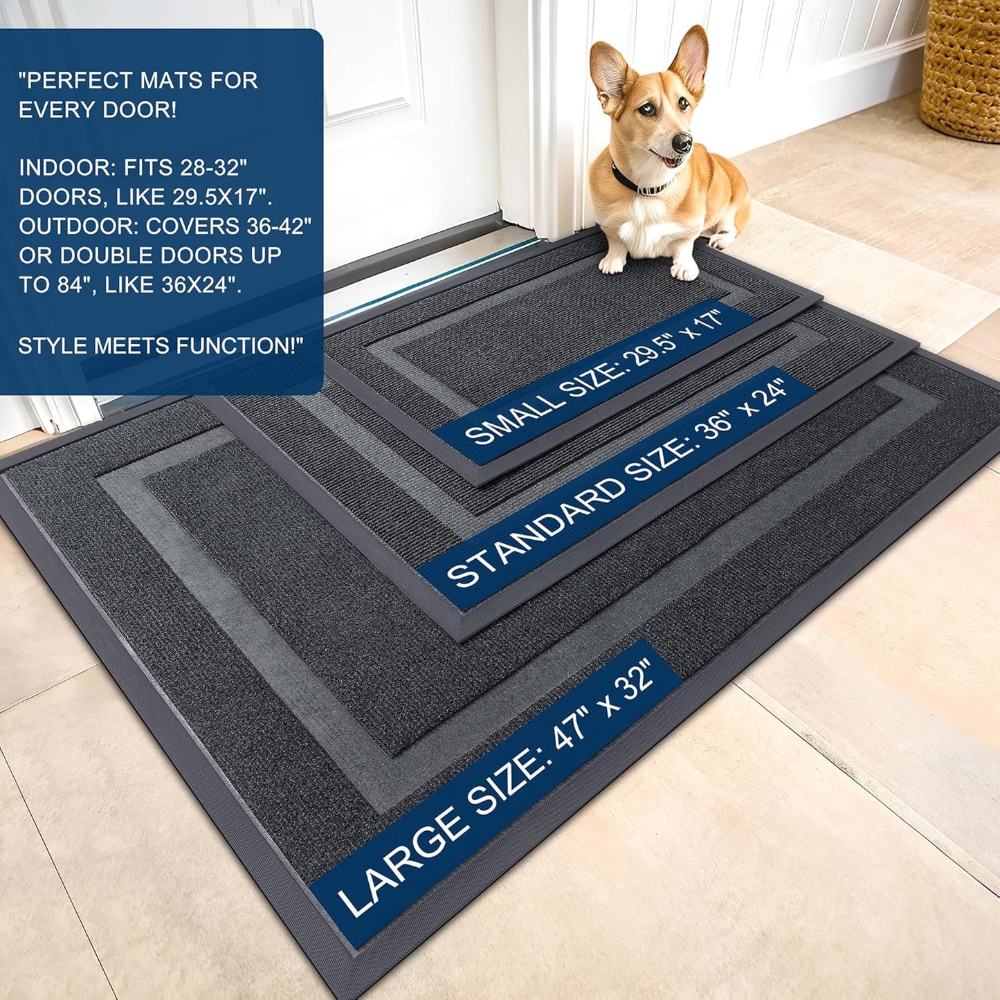 OLANLY Front Door Mat Indoor Outdoor Entrance, Waterproof All-Season, All-Weather Doormat, Sturdy Natural Rubber, Fade Resistant, Low Profile, Easy Clean Patio Porch Entryway Mat, 47x24, Grey