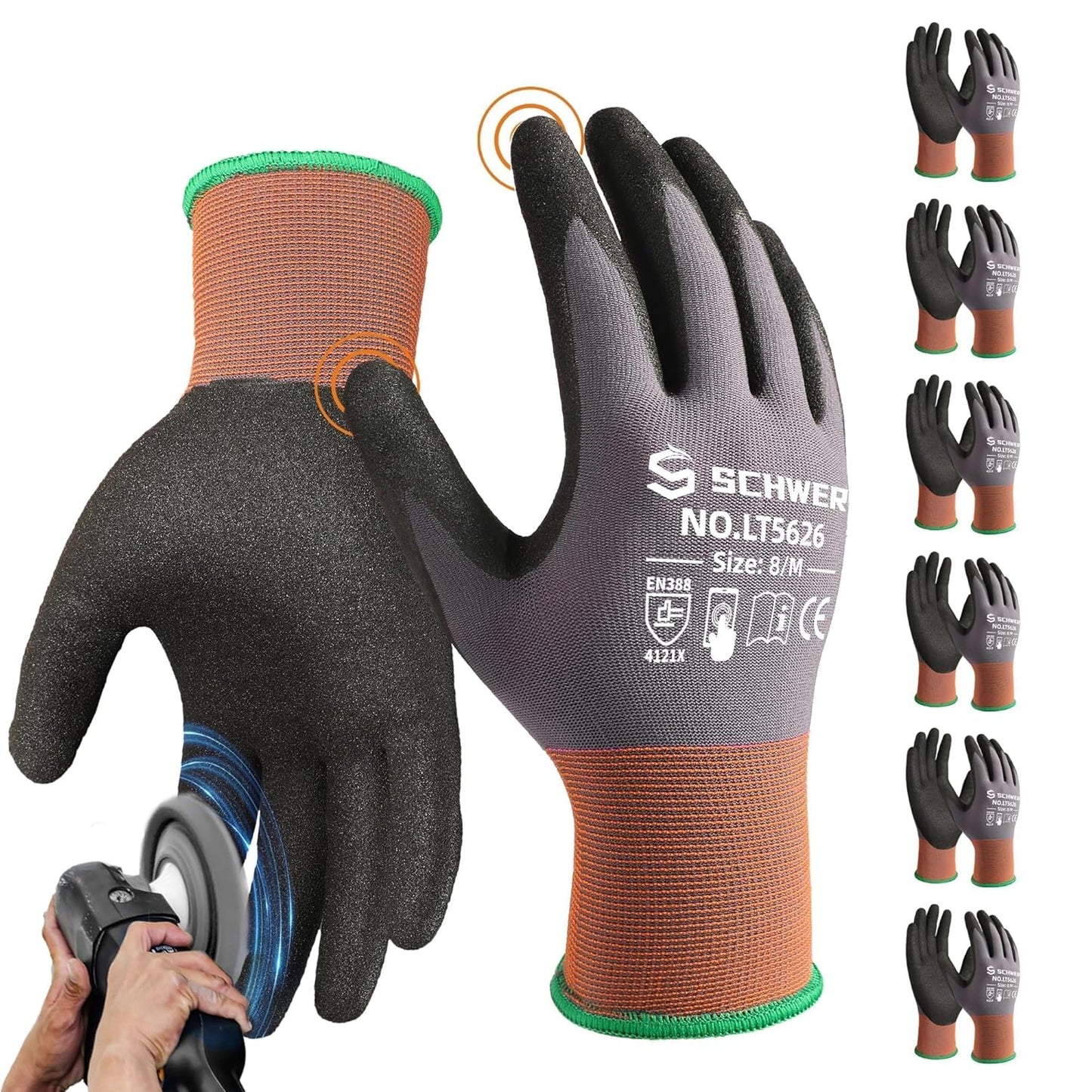 Schwer 6 Pairs Safety Work Gloves with Sandy Nitrile Coating LT5626, Max Abrasion Resistance Heavy Duty Gloves with Grip for Men and Women, Ideal for General Use, Mechanic, Construction, Gardening, M