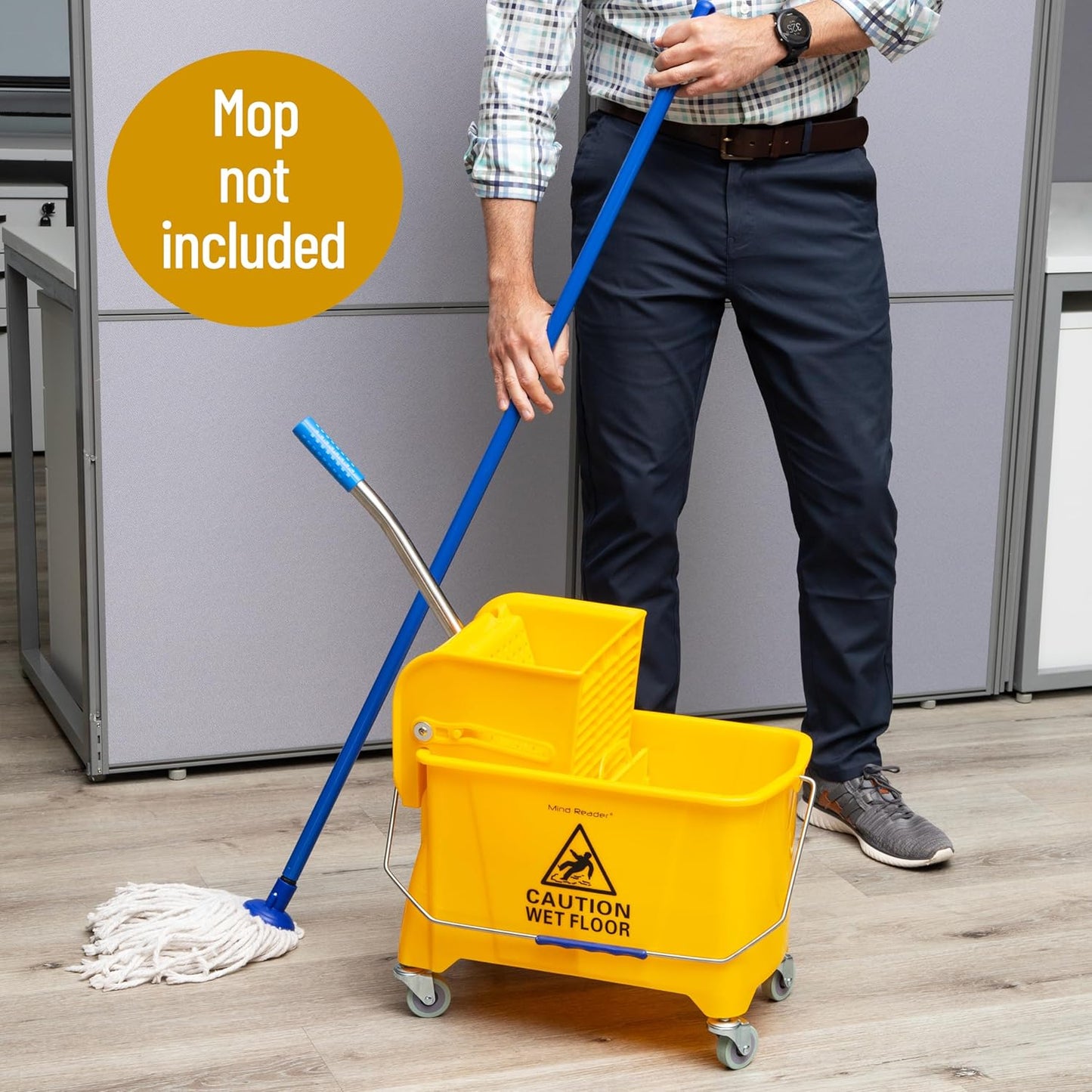 Mind Reader Mop Bucket with Wringer, 22 Qt (5.5 Gallon), Floor Cleaning, Handle, Wheels, 16.25"L x 10.75"W x 24.5"H, Yellow