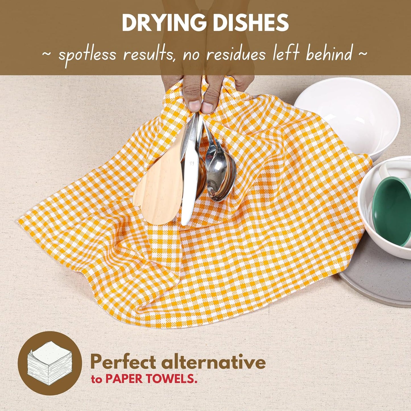 Native Fab 6 Pack Gingham Mini Check Kitchen Hand Towels Set - 100% Cotton Absorbent Reusable Washable 16"x26" - Quick Drying Dish Towels with Hanging Loops for Kitchen, Yellow White