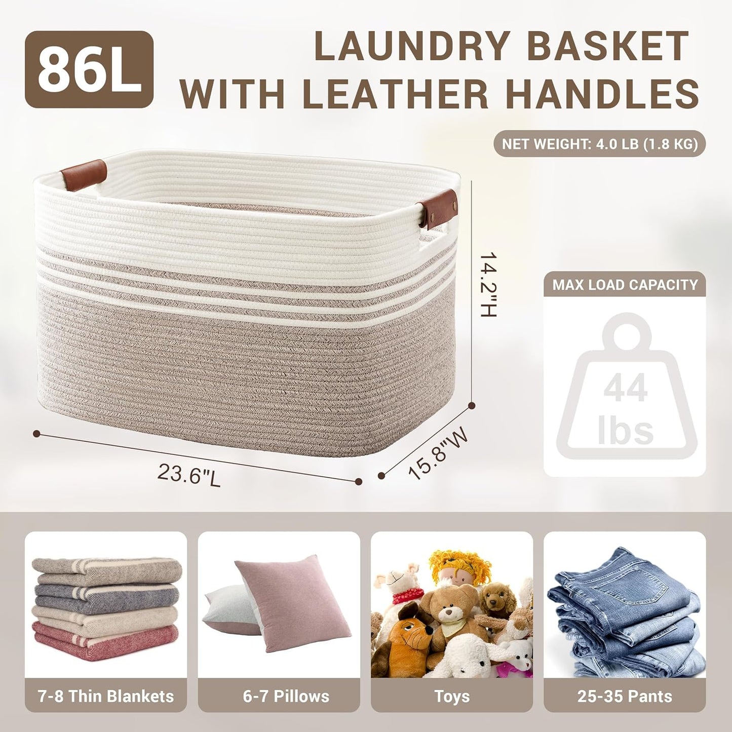86L Extra Large Laundry Basket with Leather Handles for Living Room Storage, Woven Rope Baskets for Blanket, Kids Toy, Gifts, Wicker Hamper for Bedroom Dirty Clothes, 24"x16"x14" White Brown