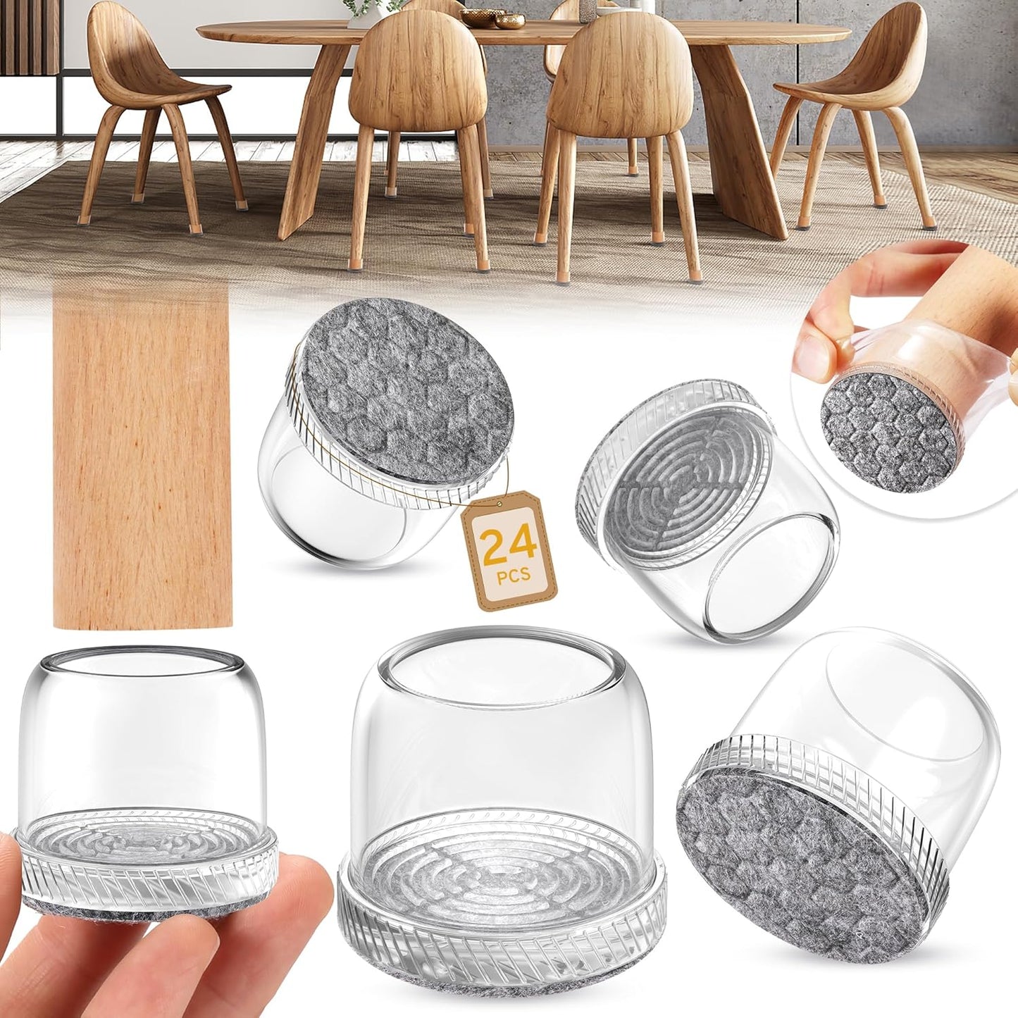 24PCS Round Chair Leg Floor Protectors, Furniture Sliders, Chair Leg Protectors for Hardwood Floors, Non-Slip Felt Furniture Pads, Silicone Cap Covers to Protect Floors, (Fit 1.5" - 2")