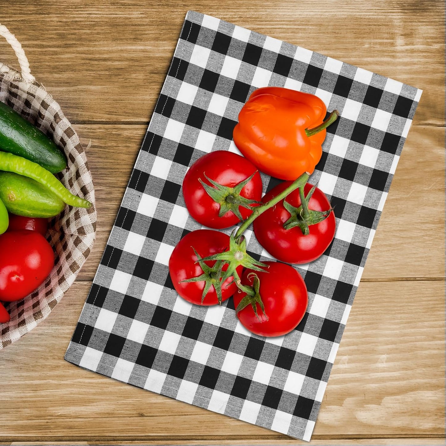 Kitchen Towels Set of 6 Soft Premium Cotton Highly Absorbent Dish Towels 18x28 Inches, Washable & Reusable Tea Towel, Quick Drying Dish Cloths with Hanging Loop - Black/White, Checks